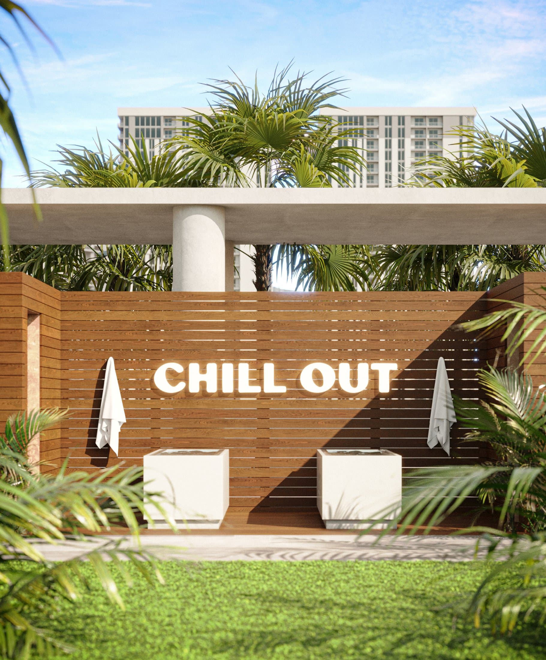 Zona Chill Out junto a la piscina de Flow House
