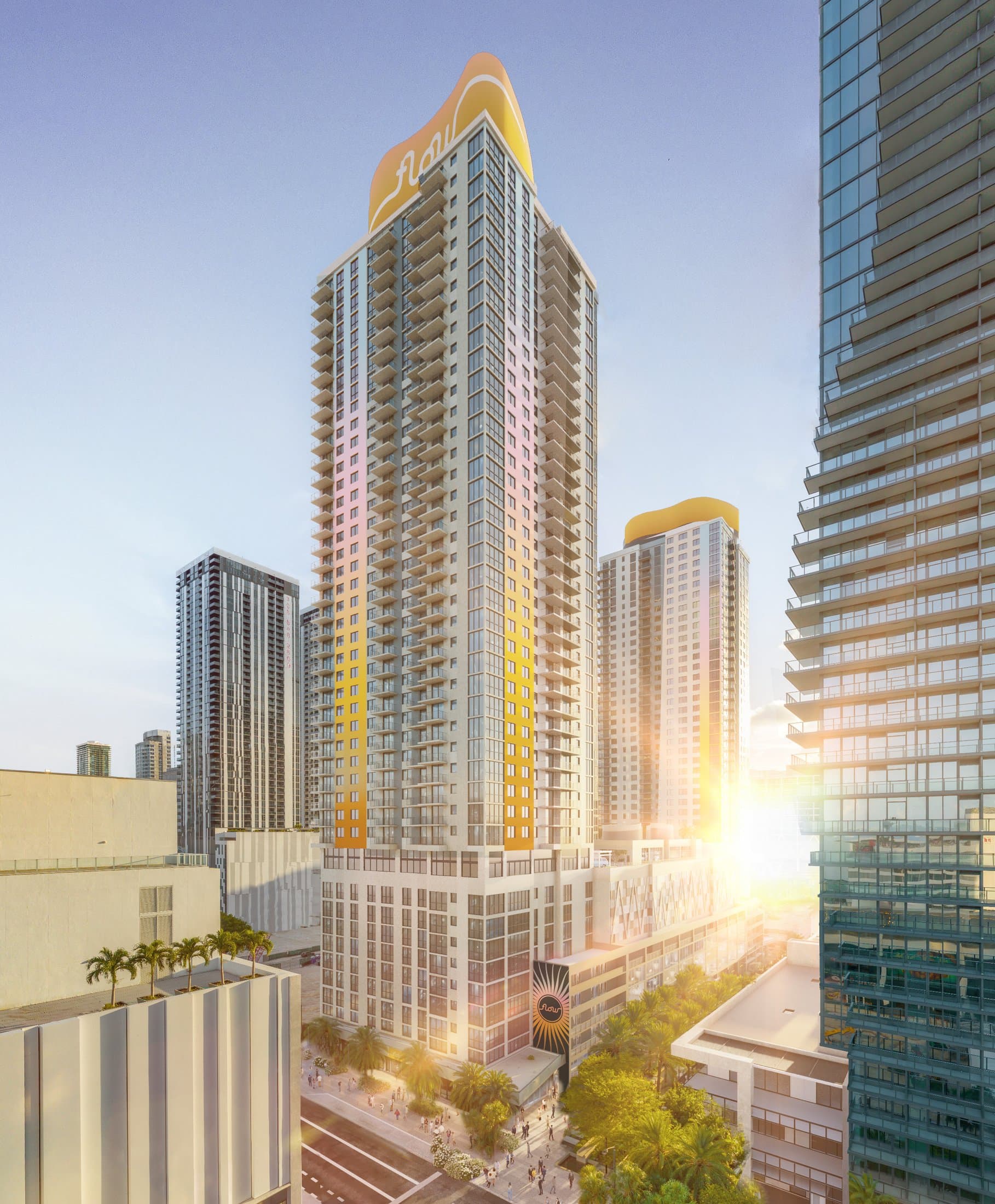 Torre de Flow House al atardecer en Miami Worldcenter
