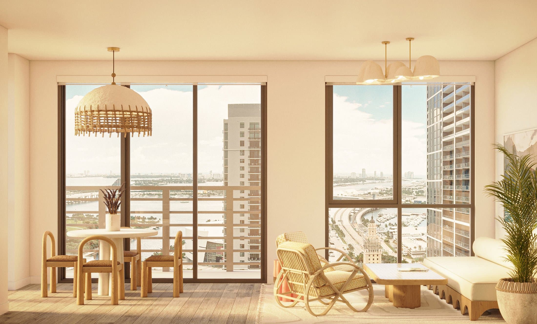 Sala y comedor con vista a la bahía en Flow House